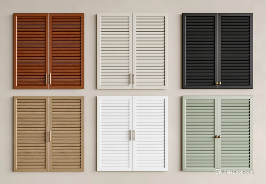 Various Colored Louvered Panel Doors With Brown Beige Black White And Green Finishes 3d model 