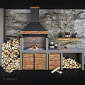 Rustic Kitchen Cookware Setup With Black Range Hood Wooden Cabinets And Stacked Logs