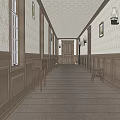 Vintage Style Elevator Hallway With Wooden Decor Arched Door Windows Wall Lamps And Rug