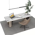 Contemporary Home Desk Setup With Brown Chair Laptop Vase Hanging Light And Green Plant