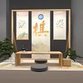 Traditional Chinese Qin Instrument Display With Background Painting Plum Blossoms And Decorative Umbrellas