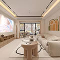 Warm Cream Tone Living And Dining Room Interior With Custom Storage Cabinets And Home Projector