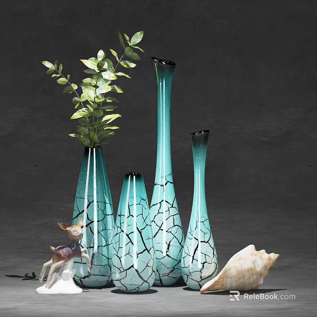 Decorative Ornament Set With Turquoise Cracked Vases Green Foliage Deer Figurine And Seashell 3d model 