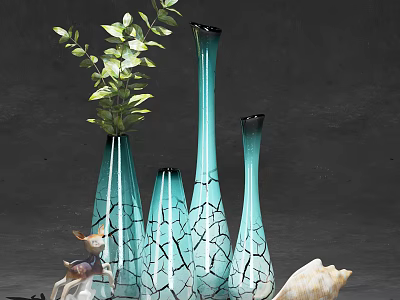 Decorative Ornament Set With Turquoise Cracked Vases Green Foliage Deer Figurine And Seashell 3d model