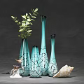 Decorative Ornament Set With Turquoise Cracked Vases Green Foliage Deer Figurine And Seashell