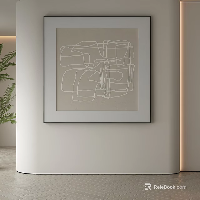 Abstract Painting With Minimalist White Line Design Framed Hanging On Modern Interior Wall Decor 3d model 