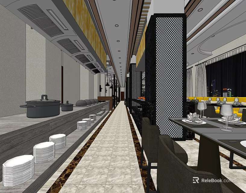 Modern Restaurant Interior With Black Perforated Partition Yellow Seats Dining Tables And Long Corridor 3d model 