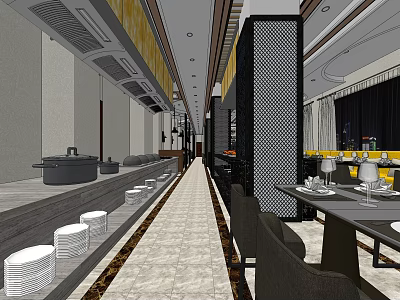 Modern Restaurant Interior With Black Perforated Partition Yellow Seats Dining Tables And Long Corridor 3d model