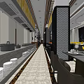 Modern Restaurant Interior With Black Perforated Partition Yellow Seats Dining Tables And Long Corridor