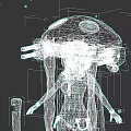 Futuristic Game Character With Black Mushroom Head Blue Glowing Eyes White Fangs And Long Hair