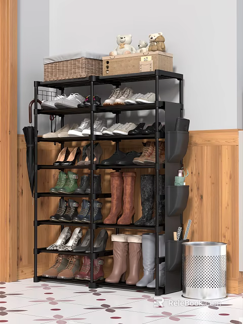 Sturdy Black Multi Layer Shoe Storage Rack With Umbrella Holder And Side Pockets 3d model 