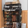 Sturdy Black Multi Layer Shoe Storage Rack With Umbrella Holder And Side Pockets 3d model