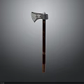 Detailed Metal Head Axe With Polished Wooden Handle And Textured Grip