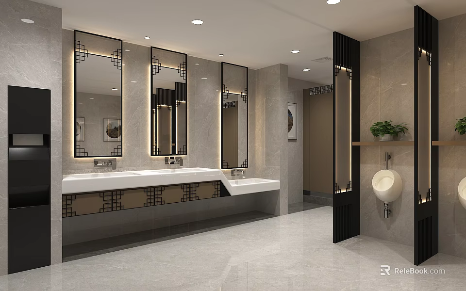 Elegant Modern New Chinese Style Public Toilet With Sleek Marble Interior And Decorative Backlit Mirrors 3d model 