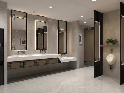 Elegant Modern New Chinese Style Public Toilet With Sleek Marble Interior And Decorative Backlit Mirrors 3d model