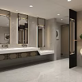 Elegant Modern New Chinese Style Public Toilet With Sleek Marble Interior And Decorative Backlit Mirrors