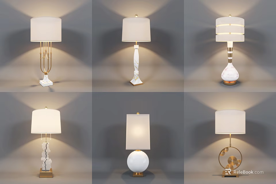 Modern Table Lamps With Diverse Base Designs And White Fabric Shades 3d model 