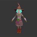 3D Game and Movie Character With Pink Hair Wizard Hat Green Dress and Orange Shoes