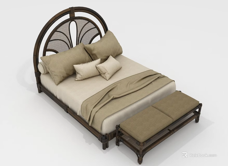 Natural Style Double Bed With Curved Wooden Frame Woven Headboard Beige Pillows And Matching Footstool 3d model 