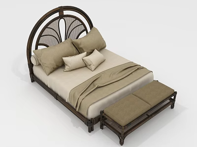 Natural Style Double Bed With Curved Wooden Frame Woven Headboard Beige Pillows And Matching Footstool 3d model