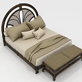 Natural Style Double Bed With Curved Wooden Frame Woven Headboard Beige Pillows And Matching Footstool