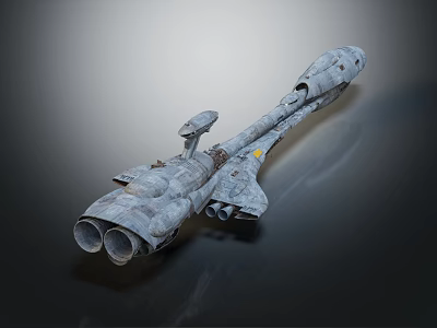 Old Metallic Sci Fi Warship Model With Engine Thrusters Floating In Dark Background 3d model