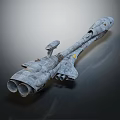 Old Metallic Sci Fi Warship Model With Engine Thrusters Floating In Dark Background