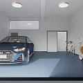 Indoor Parking Garage With Blue Audi Car Bicycle Scooter Ceiling Lights And Blue Floor