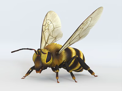 Detailed view of a yellow and black striped bee with transparent wings on white background 3d model
