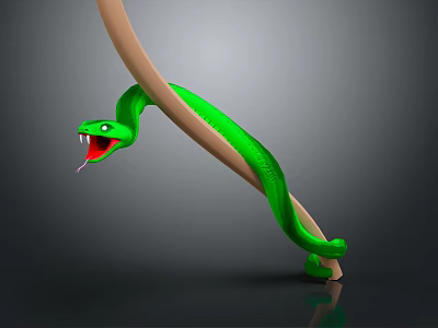 Green Snake Sculpture Coiled Around Curved Wooden Stick With Open Mouth And Sharp Fangs 3d model