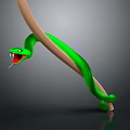 Green Snake Sculpture Coiled Around Curved Wooden Stick With Open Mouth And Sharp Fangs