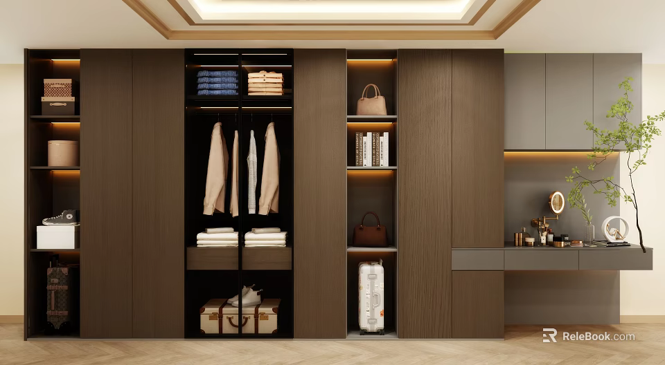 Modern Wooden Wardrobe Interior Design With Hanging Folded Clothes And Storage Bags 3d model 