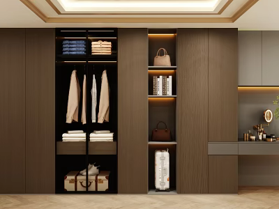 Modern Wooden Wardrobe Interior Design With Hanging Folded Clothes And Storage Bags 3d model