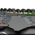 Skate Park Fitness Facilities With Ramps Obstacles Trees Fencing And Parking Lot