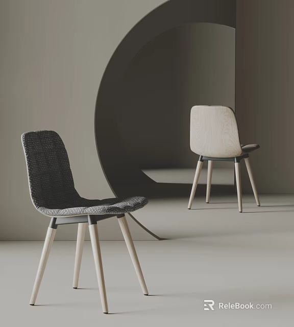 Gray And Beige Woven Dining Chairs With Wooden Legs In Minimalist Curved Interior 3d model 