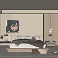 Modern Bedroom Interior With Wooden Bed Frame Decorative Painting And Area Rug