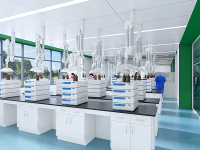 Modern Laboratory Interior With Lab Benches Reagent Bottles And Fume Hoods 3d model
