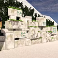 Outdoor Feature Wall with Layered Stone Blocks Chinese Inscriptions and Green Plant Decorations