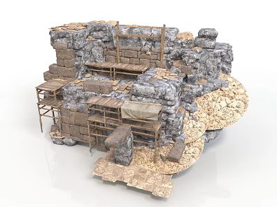 Modern Outdoor Stone And Wooden Structure With Platforms And Shelves 3d model