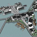 Waterfront Hotel Architecture Complex Featuring Modern Buildings And Surrounding Water Layout 3d model