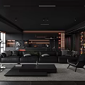 Modern Black Open Concept Dining Kitchen Interior With Island Cabinets Pendant Lights And Wine Rack