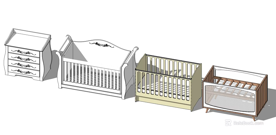 Various Baby Cribs With Traditional And Modern Wooden Frame Designs 3d model 