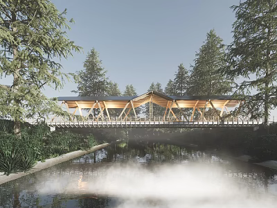 Scenic Modern Wooden Bridge with Triangular Roof Structure in Lush Forest and Misty River 3d model
