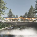 Scenic Modern Wooden Bridge with Triangular Roof Structure in Lush Forest and Misty River