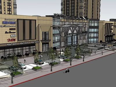 Modern Commercial Building Exterior With Glass Facade Shops Pedestrians And Trees 3d model
