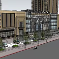 Modern Commercial Building Exterior With Glass Facade Shops Pedestrians And Trees