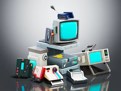 Vintage Computer Equipment Collection With Monitor Printer and Retro Tech Devices 3d model