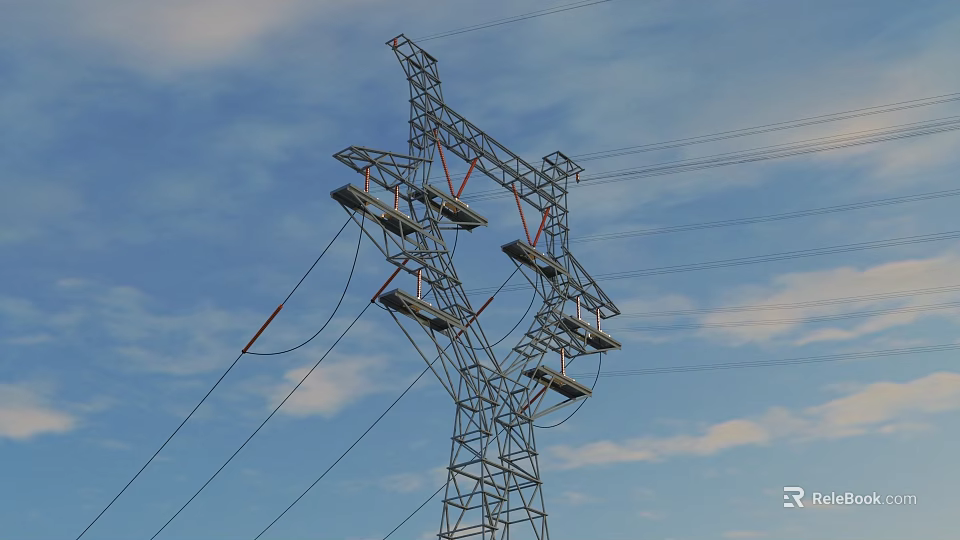 Industrial Factory High Voltage Power Tower Structure With Transmission Lines And Blue Sky 3d model 