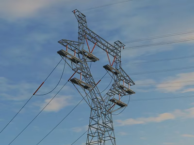 Industrial Factory High Voltage Power Tower Structure With Transmission Lines And Blue Sky 3d model