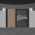 Modern Wooden Gate With Black Metal Frame Slatted Design And Stone Pillars For Courtyard